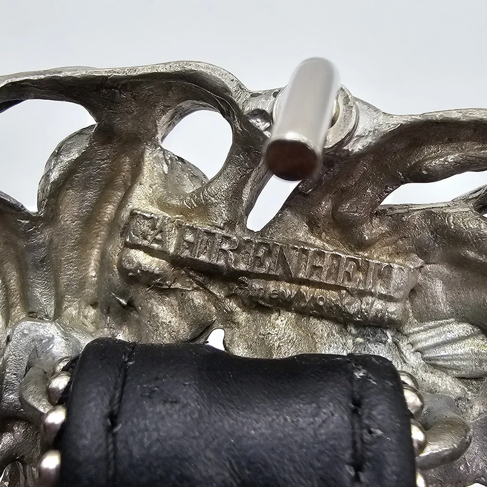 Vintage Fahrenheit NY Wide Black Leather Belt‎ Pewter Buckle 80s Wearable Art